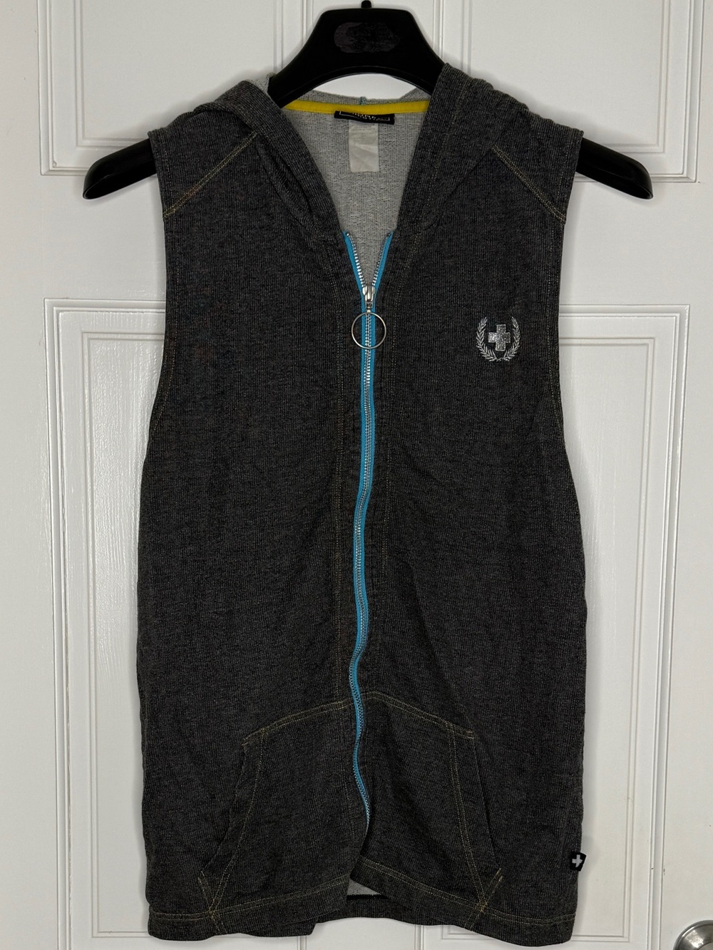 Andrew Christian Gray Hoodie with Yellow Neck Trim and Blue Zipper Accents